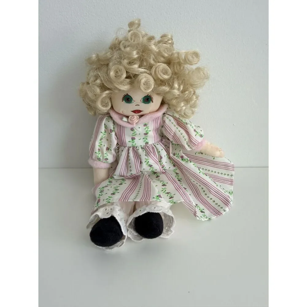 Vintage Style Cloth Rag Doll Blonde Curly Hair Floral Prairie Dress Bloomers 11